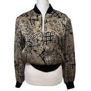 Vintage S.L.B. Petite Black Gold Paisley‎ Silk Bomber Jacket Size Petite Small